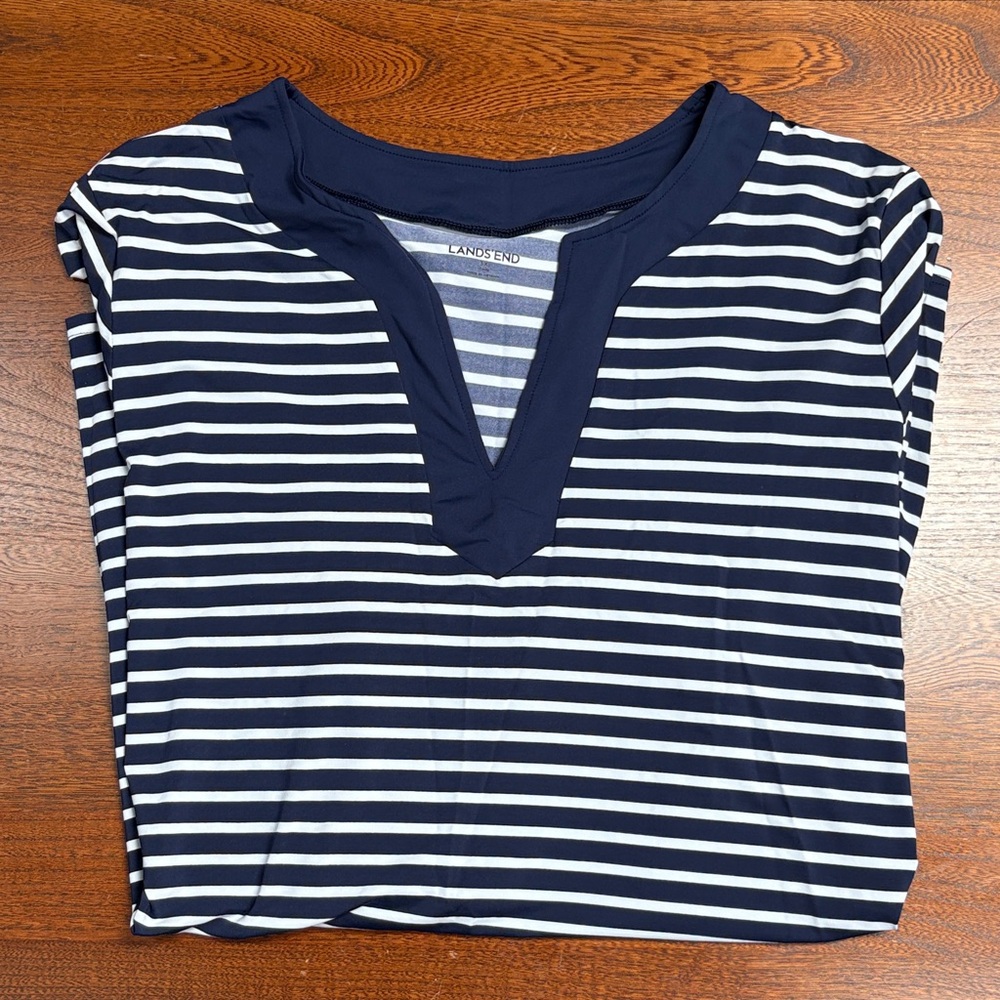 Lands' End Navy and White Striped V-Neck Swim Coverup Tunic Top 3X
